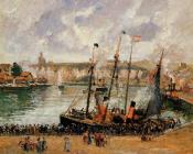 卡米耶 毕沙罗 : The Inner Harbor, Dieppe, High Tide, Morning, Grey Weather